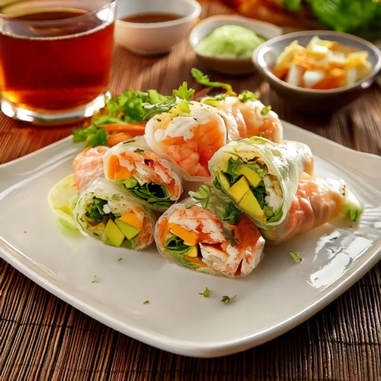 Rouleaux de printemps aux crevettes et mangue, garnis de légumes frais et servis avec une sauce cacahuète.