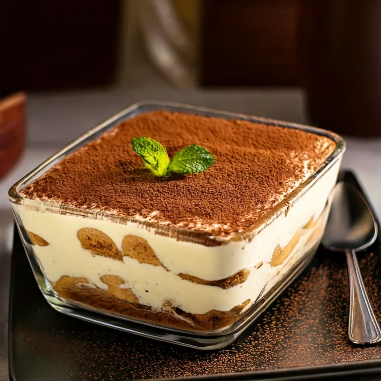 Tiramisu au spéculoos dans un plat en verre, avec des couches de biscuits épicés et de crème au mascarpone, saupoudré de cacao et de poudre de spéculoos.