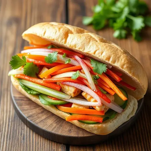 Sandwich Banh Mi vietnamien avec légumes marinés (carottes, concombre, radis daikon), tofu et herbes fraîches, servi dans une baguette croustillante.