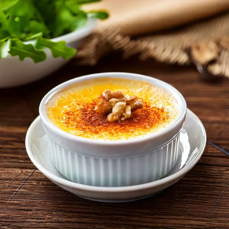 Crème brûlée salée au fromage bleu avec croûte caramélisée, noix et ciboulette.