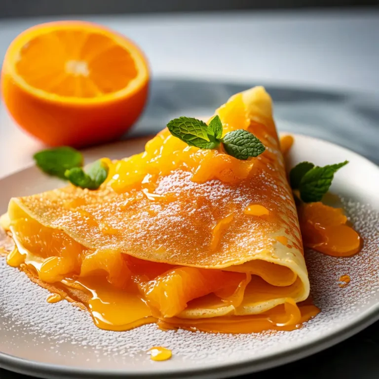 Crêpe Suzette pliée en cône, nappée d'une sauce onctueuse à l'orange, parsemée de zestes frais et de sucre glace, sur fond de marbre avec des tranches d'agrumes.