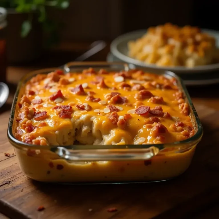 Gratin Neiman Marcus Chicken Casserole dans un plat en verre, avec une croûte de crackers dorée, du poulet effiloché, du cheddar fondu et des éclats de bacon.