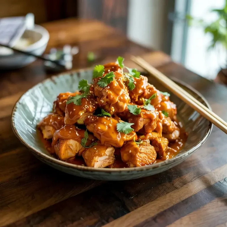 Morceaux de Bang Bang Chicken croustillants nappés d’une sauce crémeuse épicée, décorés de coriandre et graines de sésame.