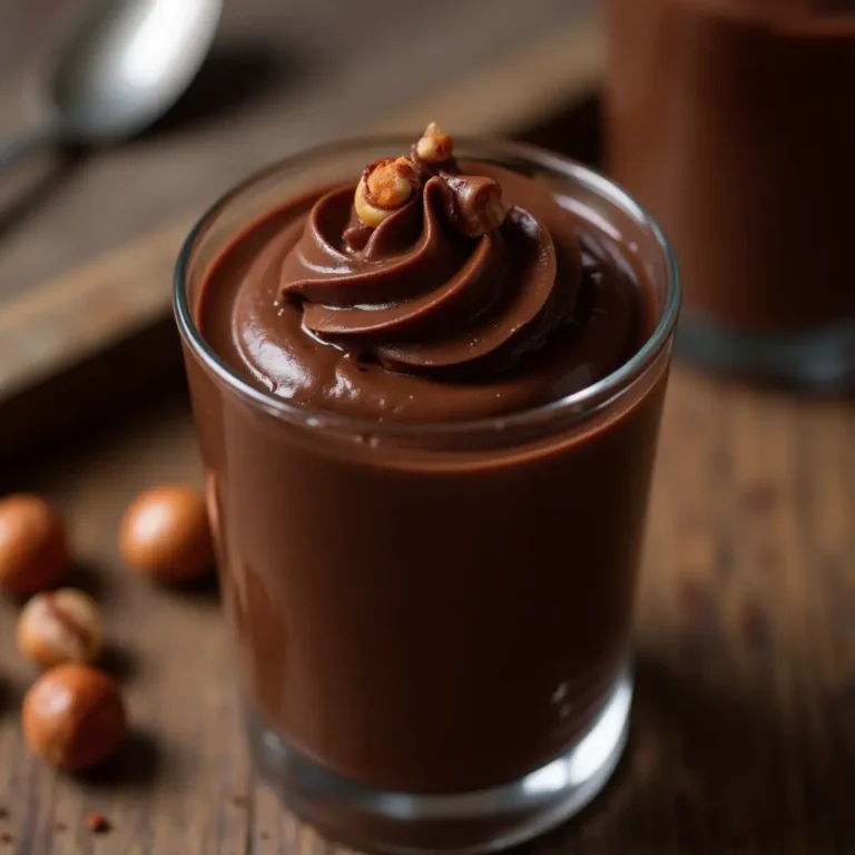 Mousse au chocolat noir servie en verrine, décorée d’éclats de noisettes grillées.