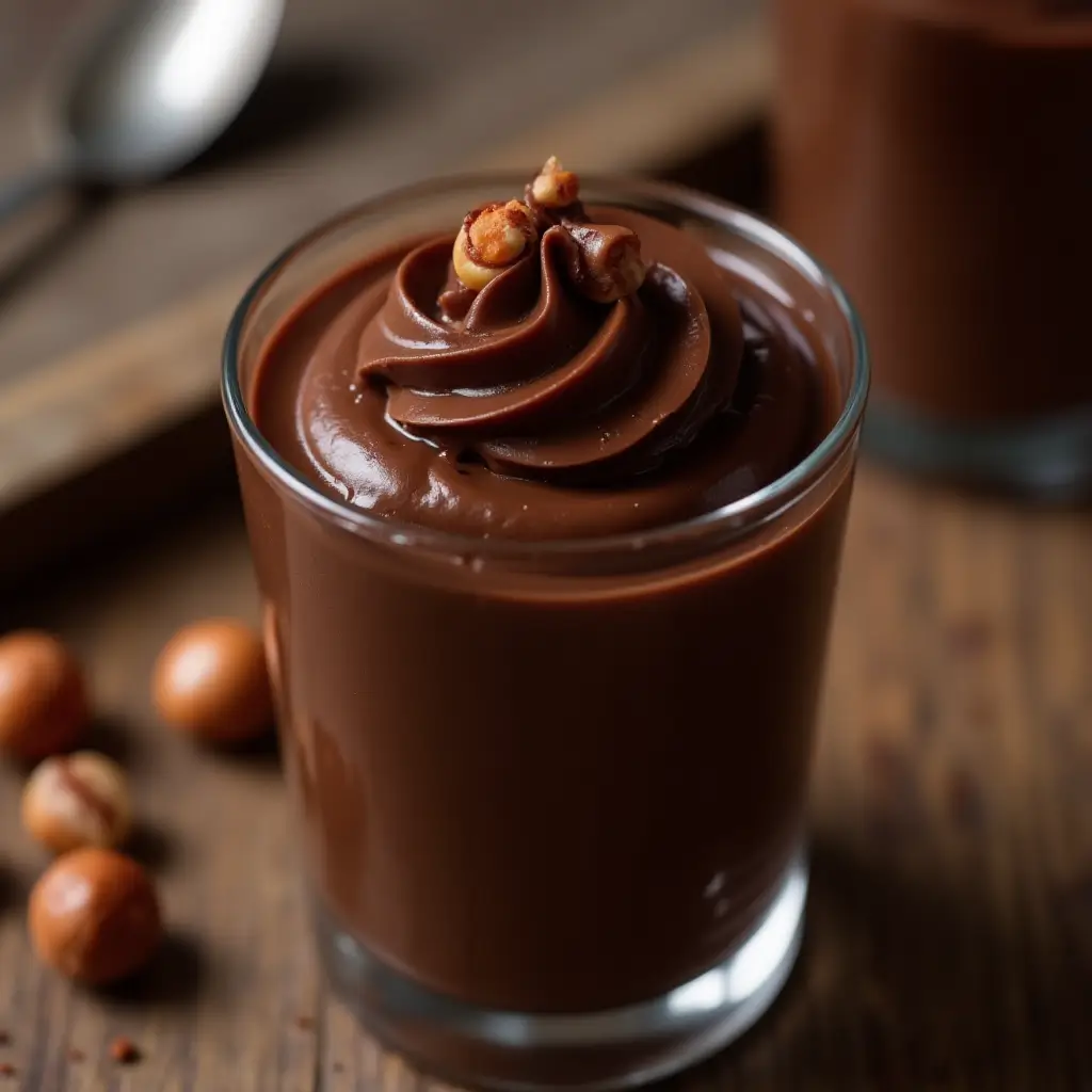 Mousse au chocolat noir servie en verrine, décorée d’éclats de noisettes grillées.