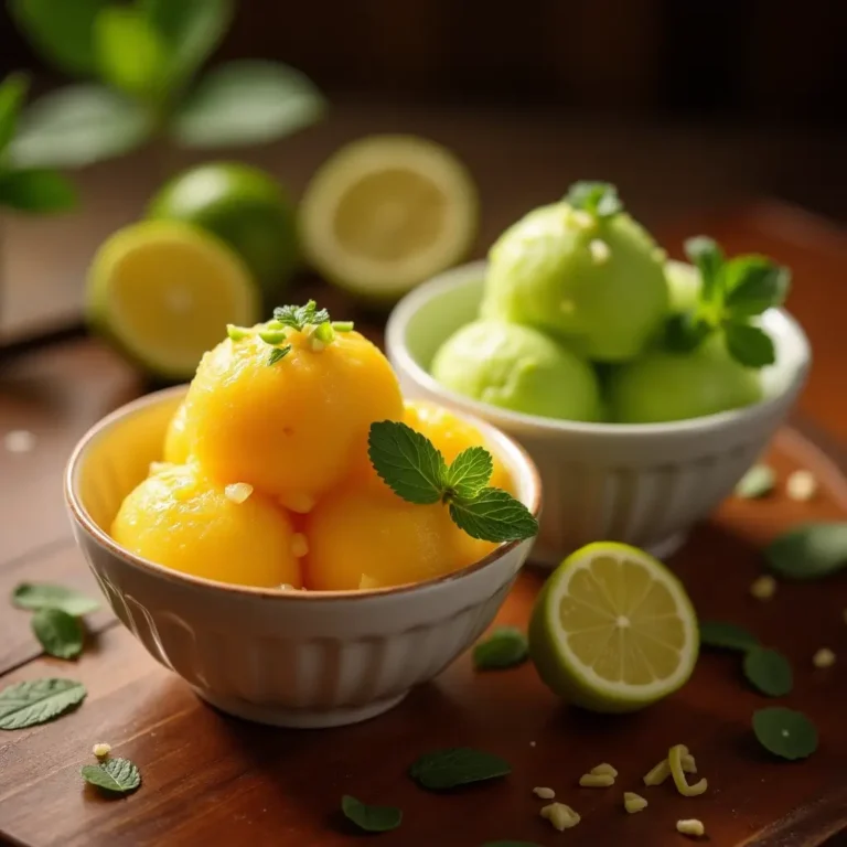 Sorbet citron vert et mangue servi dans des coupelles, décoré de menthe fraîche.