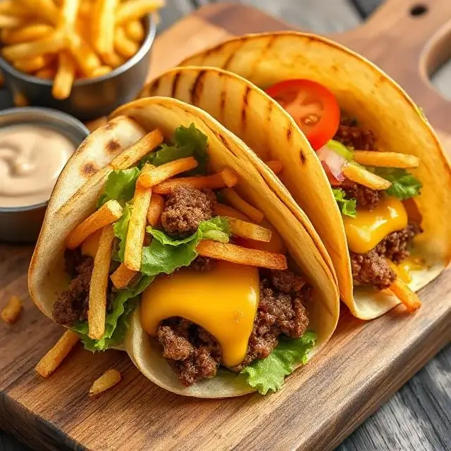 Tacos-burgers grillés garnis de viande hachée, cheddar fondu, crudités et frites, servis sur une planche rustique.