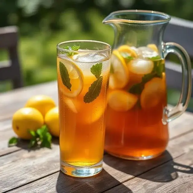 Thé glacé maison au citron et à la menthe servi sur une table en bois en extérieur.