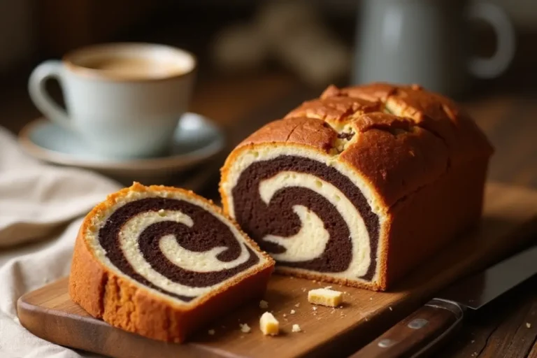 Cake marbré vanille et chocolat fait maison, tranché et prêt à être dégusté.