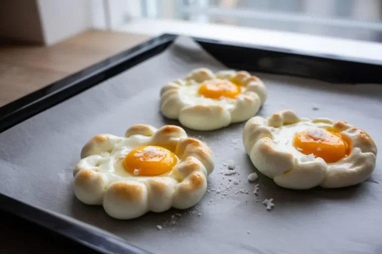 Cloud eggs cuits au four, posés sur des tranches de pain beurré, avec blancs soufflés et jaunes encore coulants.