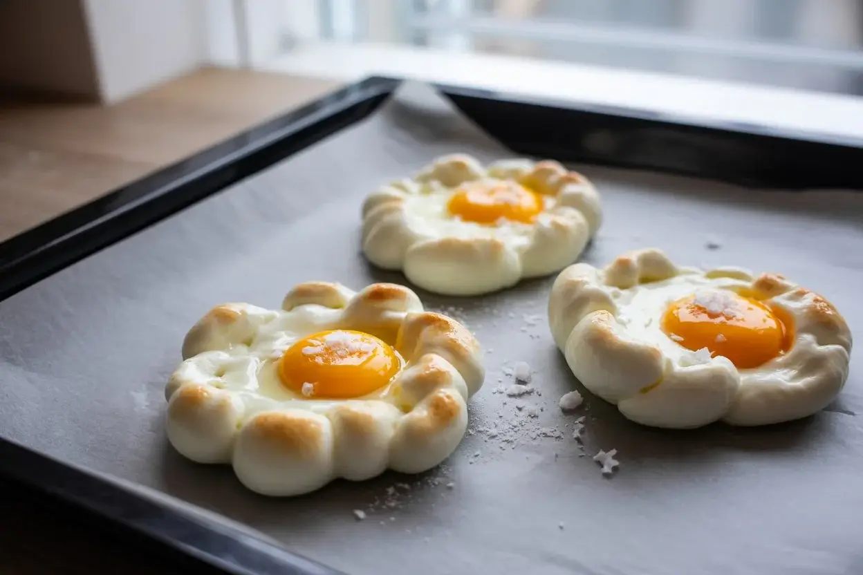 Cloud eggs cuits au four, posés sur des tranches de pain beurré, avec blancs soufflés et jaunes encore coulants.