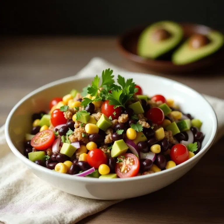 Salade de Cowboy Caviar avec des haricots noirs, du maïs, des tomates cerises, de l’avocat, des poivrons et de la coriandre, servie dans un grand bol en céramique blanche