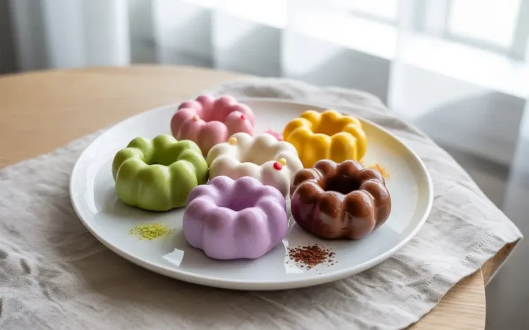 Donuts mochi colorés en forme d’anneaux de petites boules, disposés sur une assiette blanche en céramique, avec des glaçages variés et décorations gourmandes.