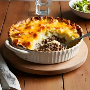 Plat de hachis parmentier gratiné doré, servi chaud dans un plat rustique en céramique.