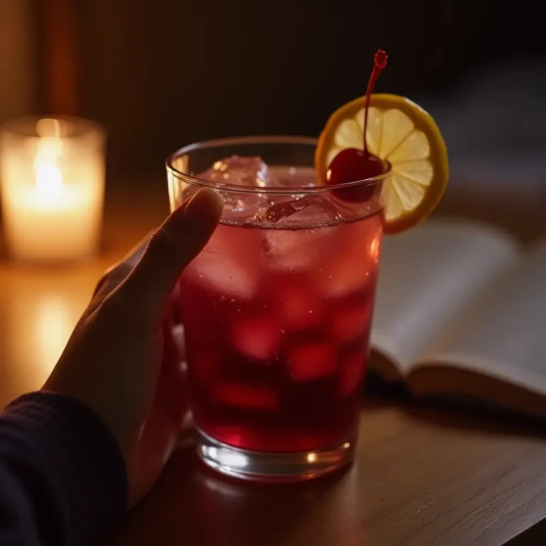Mocktail Sleepy Girl dans un verre transparent, tenu par une main détendue, avec une cerise en garniture et une ambiance tamisée propice au sommeil.