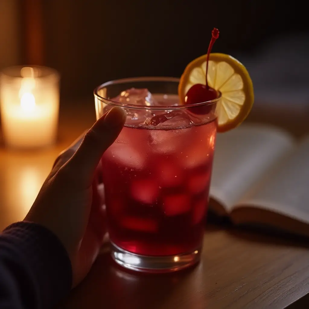 Mocktail Sleepy Girl dans un verre transparent, tenu par une main détendue, avec une cerise en garniture et une ambiance tamisée propice au sommeil.