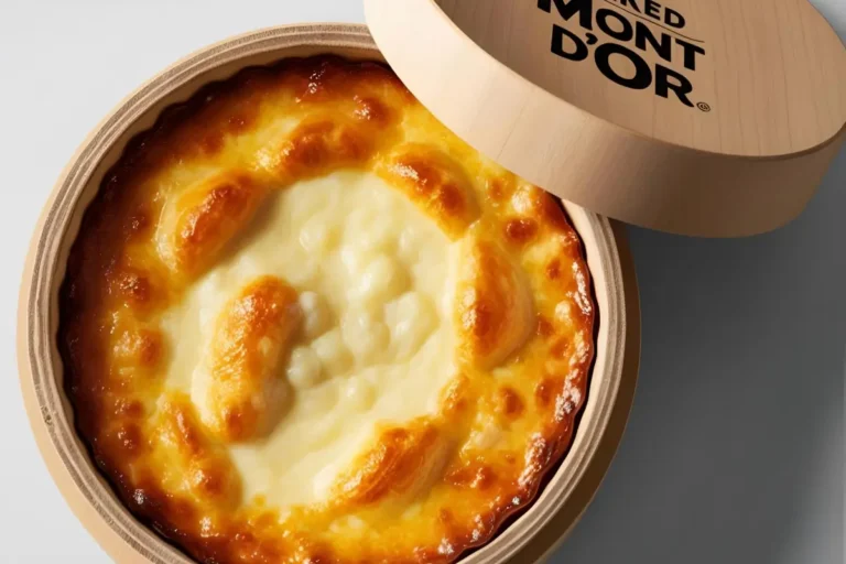Mont d’Or au four très coulant dans sa boîte, avec une surface dorée et crémeuse, entouré de pain et pommes de terre.
