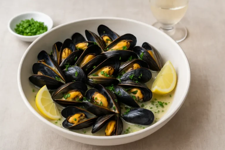 Plat de moules marinières servi dans une assiette blanche, nappées d’un bouillon crémeux aux échalotes et au vin blanc, sans pain en accompagnement.