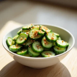 Salade de concombre à la chinoise servie dans un bol blanc, avec tranches de concombre marinées, graines de sésame et filet d’huile pimentée.