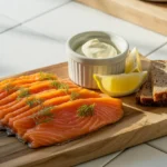 Tranches de saumon gravlax maison, brillantes et orangées, servies avec aneth frais, crème fraîche et pain noir sur une planche en bois.