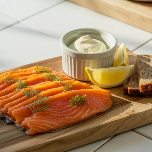 Tranches de saumon gravlax maison, brillantes et orangées, servies avec aneth frais, crème fraîche et pain noir sur une planche en bois.