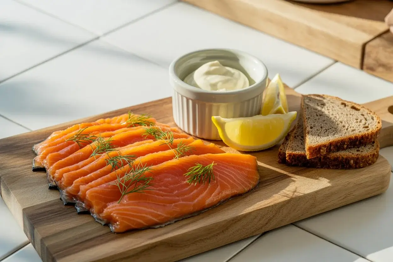 Tranches de saumon gravlax maison, brillantes et orangées, servies avec aneth frais, crème fraîche et pain noir sur une planche en bois.