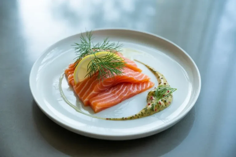 Saumon gravlax tranché finement dans un plat blanc élégant, garni d'aneth, de citron et de cornichons.
