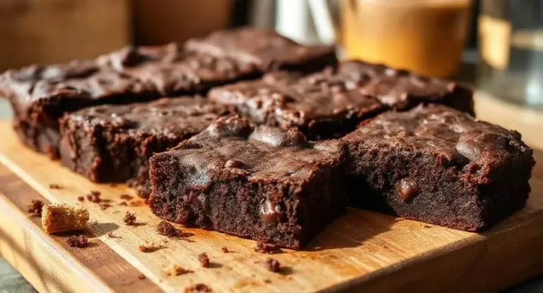 Brownies moelleux faits maison, découpés en carrés, présentés sur une planche en bois avec des miettes de pain visibles, illustrant une recette anti-gaspillage.