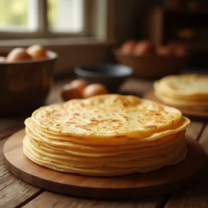 Pile de crêpes bretonnes fines et dorées, sans garniture, sur une table rustique.