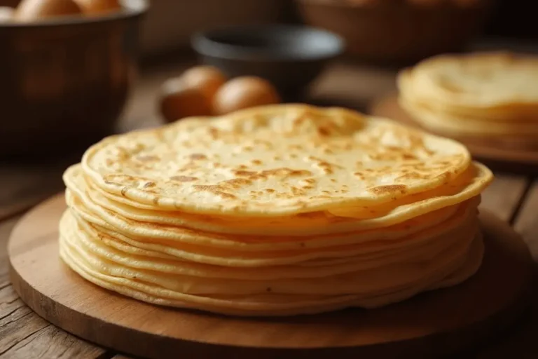 Pile de crêpes bretonnes fines et dorées, sans garniture, sur une table rustique.