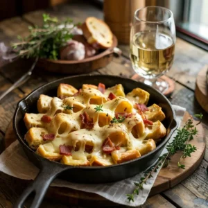 Photographie culinaire d'une croziflette savoyarde traditionnelle - gratin de crozets (pâtes carrées) au reblochon fondu et lardons dorés, dans une poêle en fonte, avec herbes alpines et verre de vin blanc en arrière-plan