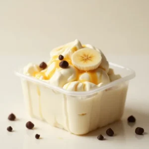 Glace au fromage cottage crémeuse dans un récipient transparent, garnie de rondelles de banane, de copeaux de chocolat noir et d’un filet de miel.