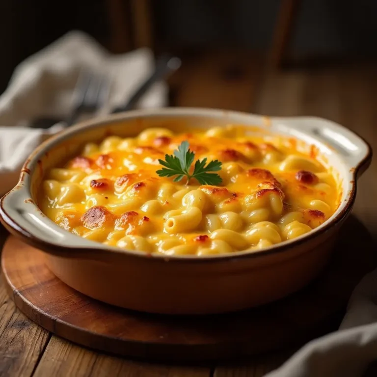 Mac and Cheese crémeux gratiné dans un plat à gratin en céramique, avec une couche dorée et croustillante, garni de persil frais.