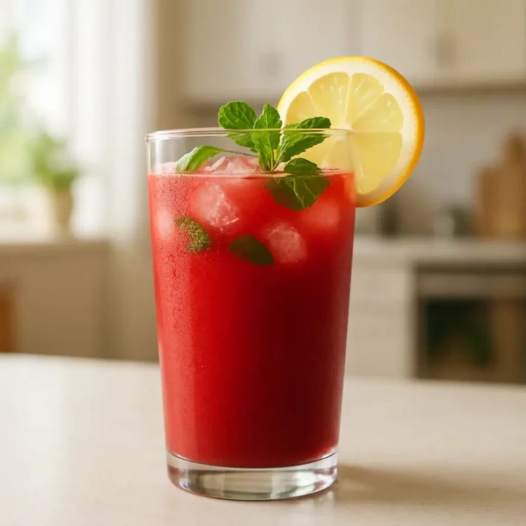 Transparent glass filled with a red probiotic mocktail made of kombucha and blended berries, with ice cubes and mint leaves, standing in a bright modern kitchen.