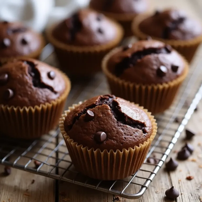 Muffins au chocolat moelleux présentés dans des caissettes en papier sur une grille de refroidissement.