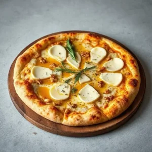 Pizza chèvre-miel fraîchement sortie du four avec une pâte dorée, fromage de chèvre fondant, miel brillant, noix grillées et romarin frais, posée sur une pierre à pizza, sans objets autour.