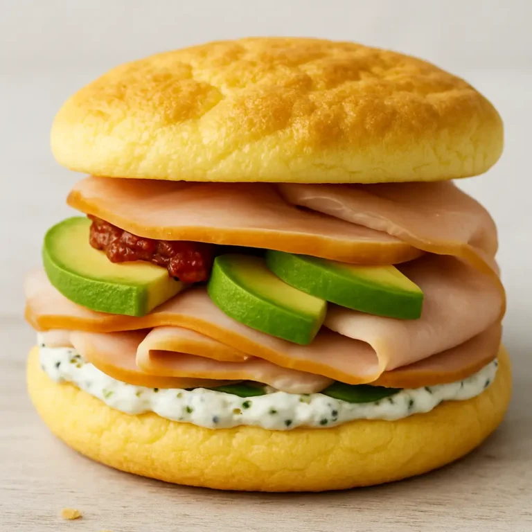 sandwich au pain cloud bread, moelleux et doré, garni de fromage fondu, de jambon et de crudités, sans herbes sur le dessus.