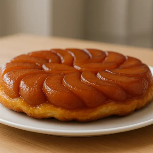Tarte Tatin dorée servie sur un Plat de service blanc