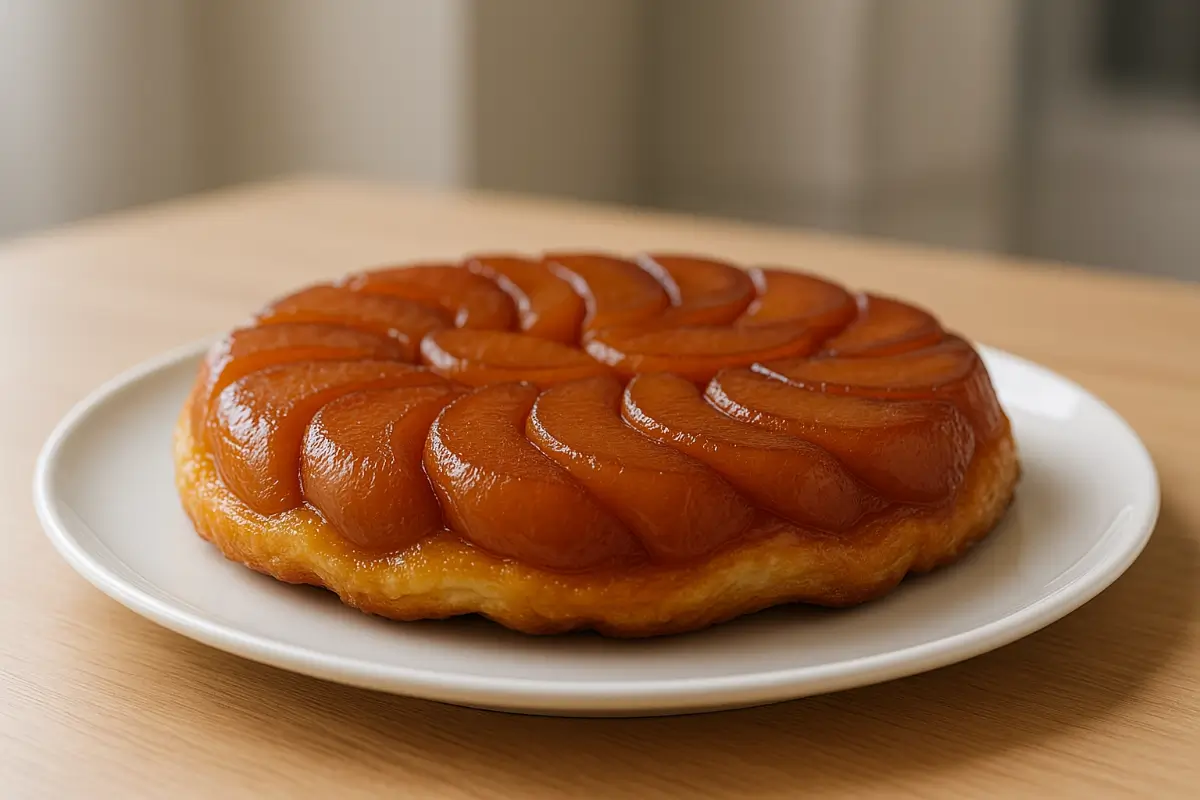 Tarte Tatin dorée servie sur un Plat de service blanc
