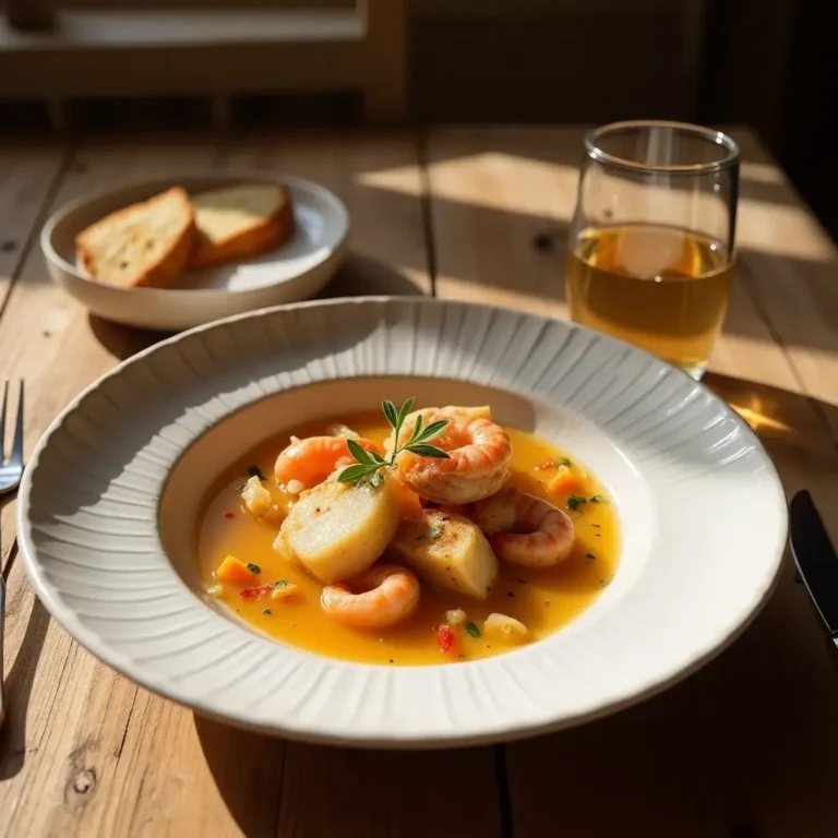 Bouillabaisse revisitée servie dans une assiette creuse avec poissons, gambas et noix de Saint-Jacques dans un bouillon doré, accompagnée de croûtons à la rouille.