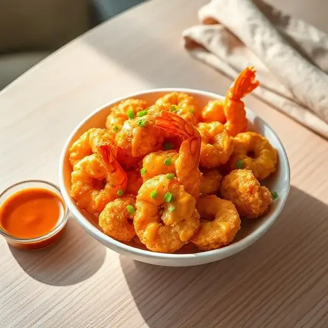 Crevettes Bang Bang croustillantes nappées d'une sauce crémeuse et épicée, servies dans un bol blanc avec des oignons verts et des graines de sésame.