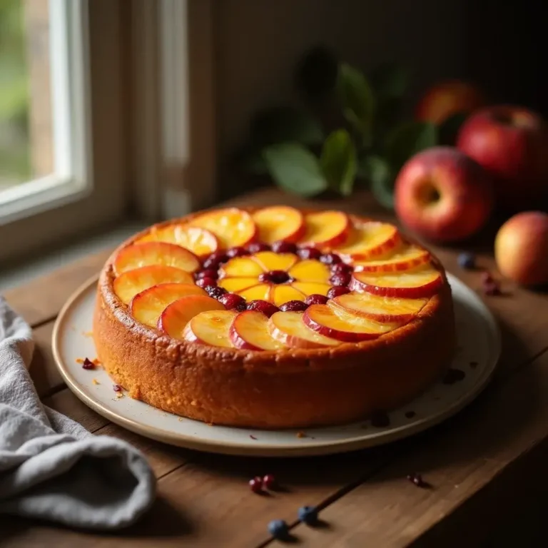 Gâteau fruité fait maison, doré et moelleux, décoré de fruits de saison, posé sur une table rustique.