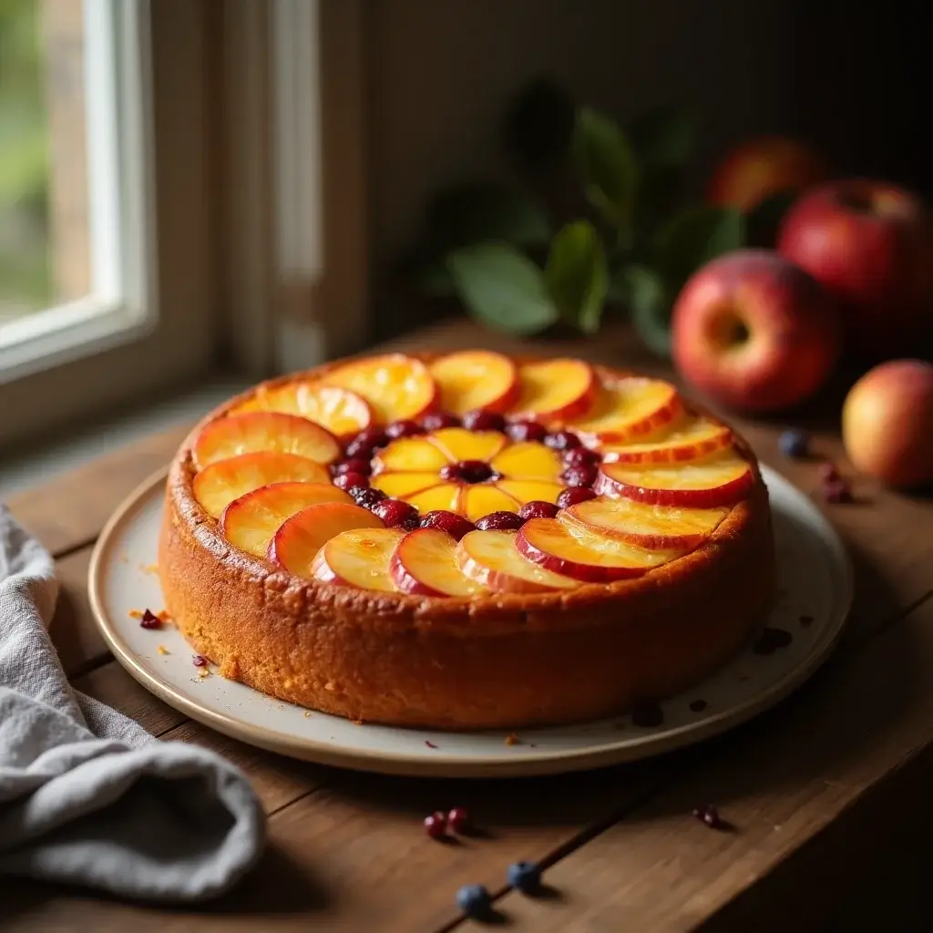 Gâteau fruité fait maison, doré et moelleux, décoré de fruits de saison, posé sur une table rustique.