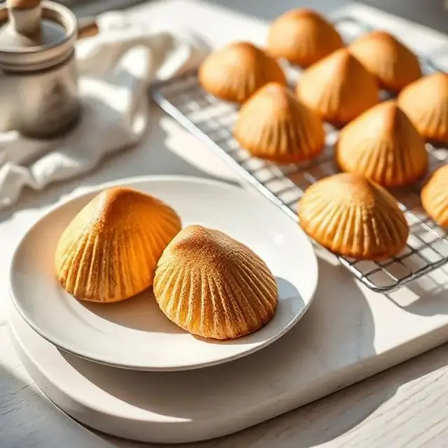 Madeleines de Commercy dorées avec leur bosse caractéristique, posées sur une grille et une assiette blanche dans une lumière naturelle tamisée.