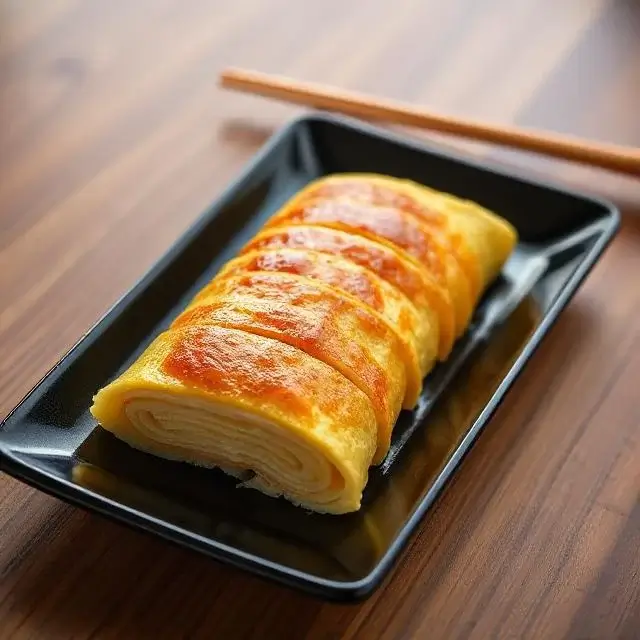 Tranches d’omelette japonaise Tamagoyaki aux couches visibles, présentées sur une planche sombre avec du radis râpé et des baguettes.