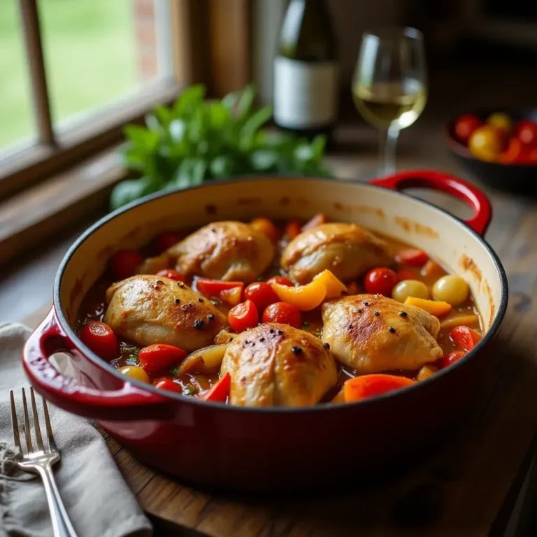 Poulet basquaise dans une cocotte en fonte avec poivrons colorés et tomates mijotées.