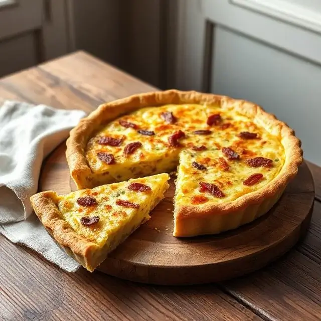Quiche Lorraine traditionnelle faite maison, dorée et croustillante, avec une part découpée montrant la garniture crémeuse aux lardons.