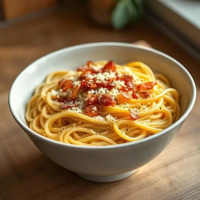 Bol de ramen carbonara avec nouilles nappées de sauce crémeuse, lardons dorés, parmesan râpé et poivre noir.