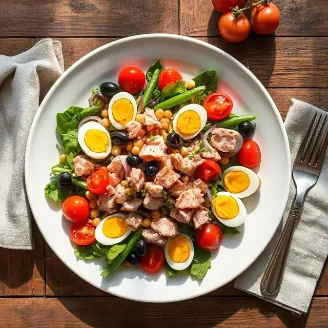 Salade niçoise protéinée servie dans une grande assiette blanche avec thon, œufs durs, tomates cerises, haricots verts, pois chiches et olives noires.