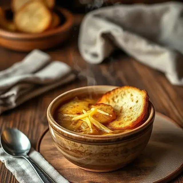 Bol de soupe à l’oignon gratinée avec pain grillé et fromage fondu doré, servi sur une table rustique.